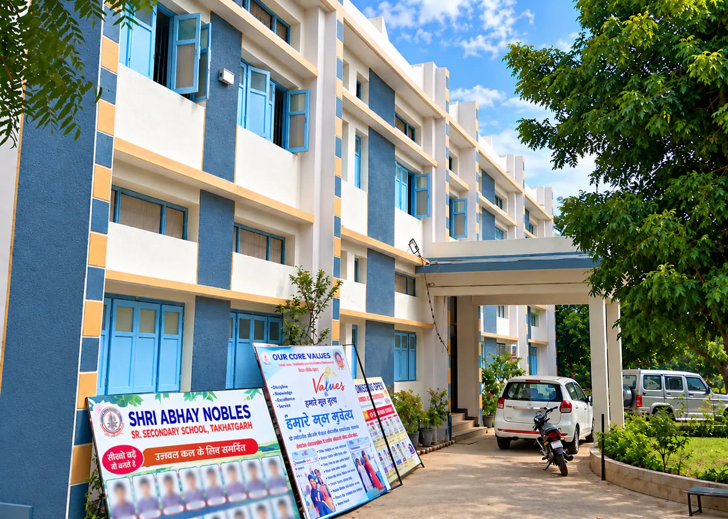 Front entrance of the Shri Abhay Nobles Senior Secondary School campus in Takhatgarh