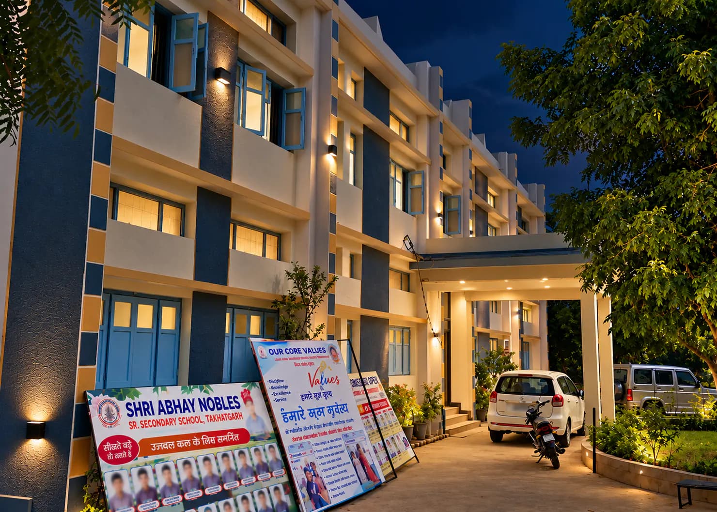 Front entrance of the Shri Abhay Nobles Senior Secondary School campus in Takhatgarh